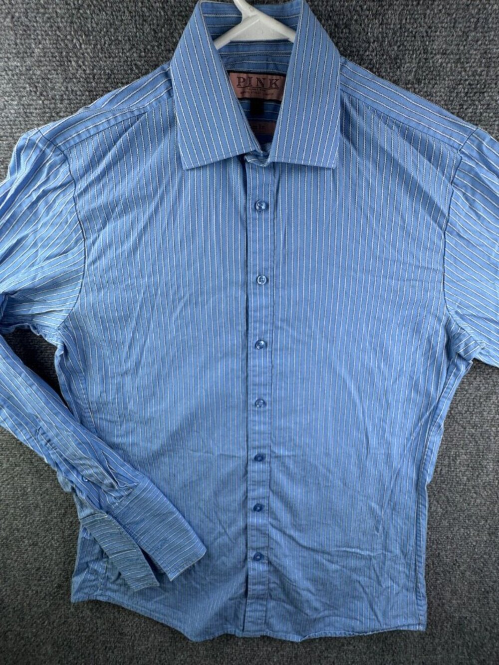 Thomas Pink Long Sleeve Button Up Shirt Men Cotton Striped Blue 15.5 Slim Fit